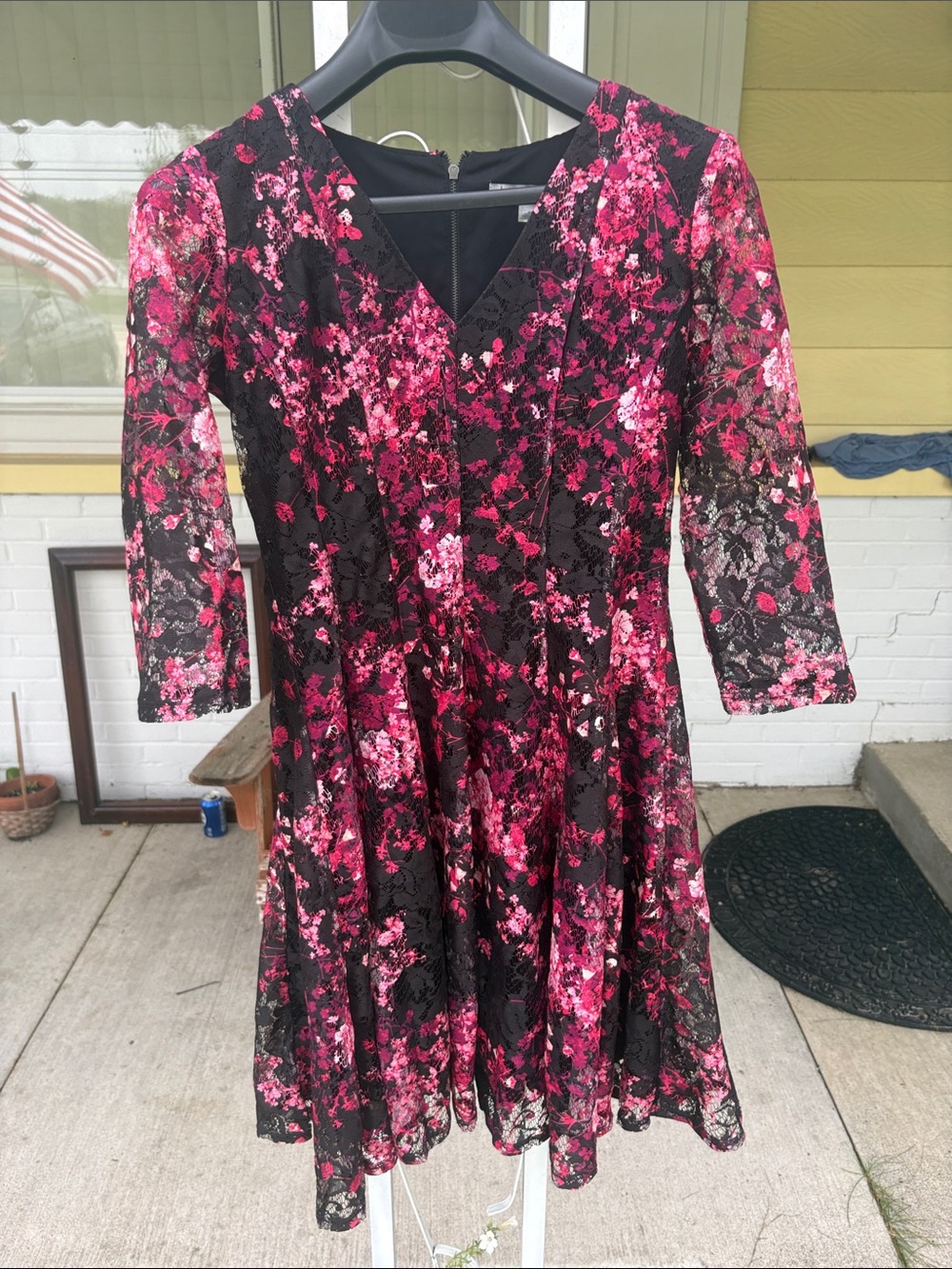 Danny & Nicole Black Dress with Pink Floral Lace V-Neck Long Sleeve
